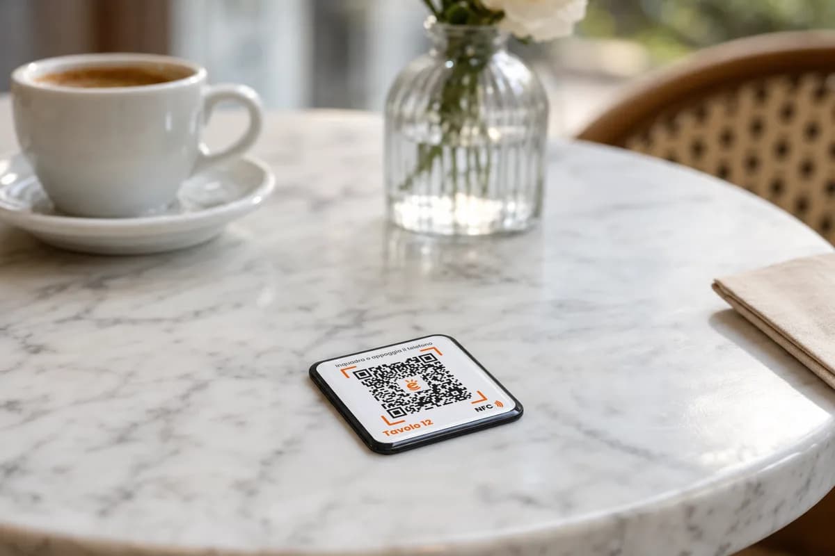 Adesivo da tavolo con tag NFC e QR code per aprire il menù digitale