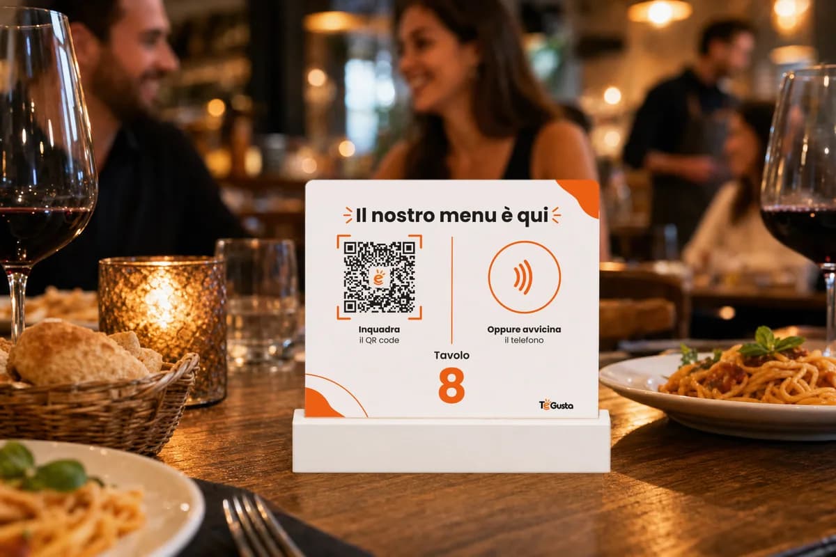 Clienti a tavola in un ristorante con il segnatavolo QR code e NFC che apre il menu digitale