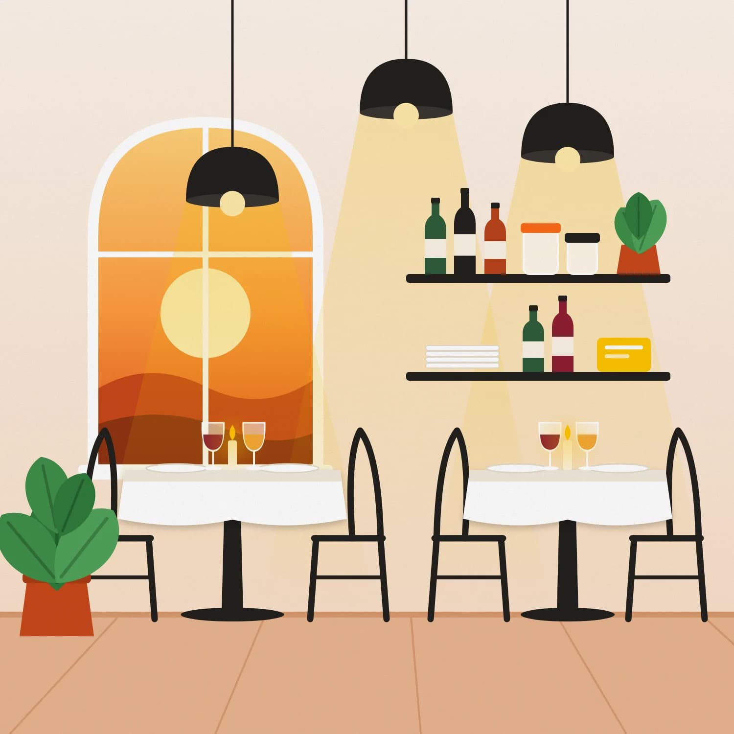 La sala di un ristorante al tramonto, con i tavoli apparecchiati