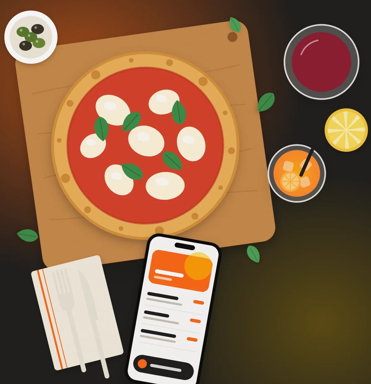 Una tavola con pizza, pasta e il menù TeGusta aperto sul telefono